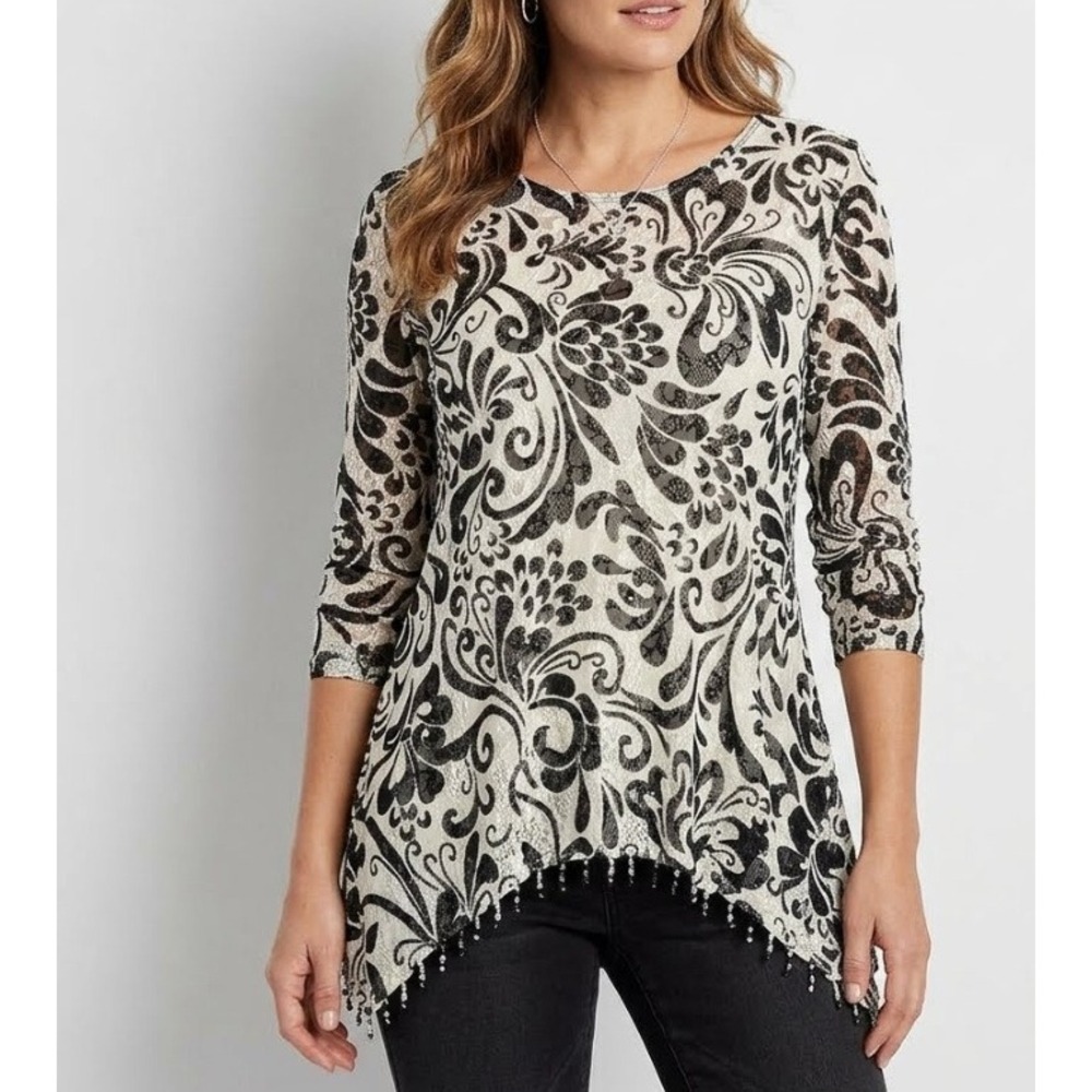 Chicos Travelers Lace Tunic Top 1 Black Ivory Floral Paisley Tassel Sharkbite